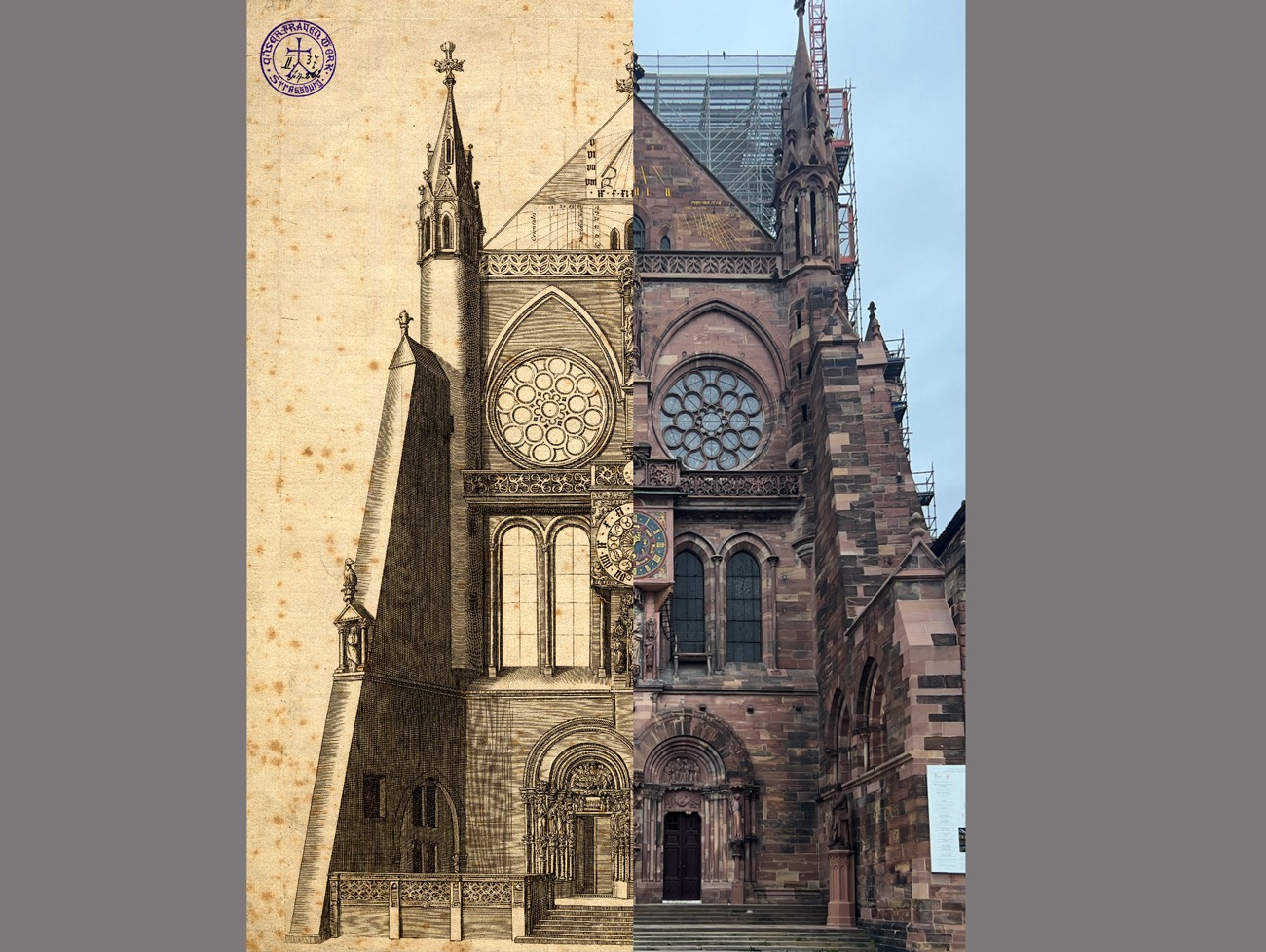 Bras sud du transept de la cathédrale de Strasbourg, gravure et actuel, crédit : F.OND